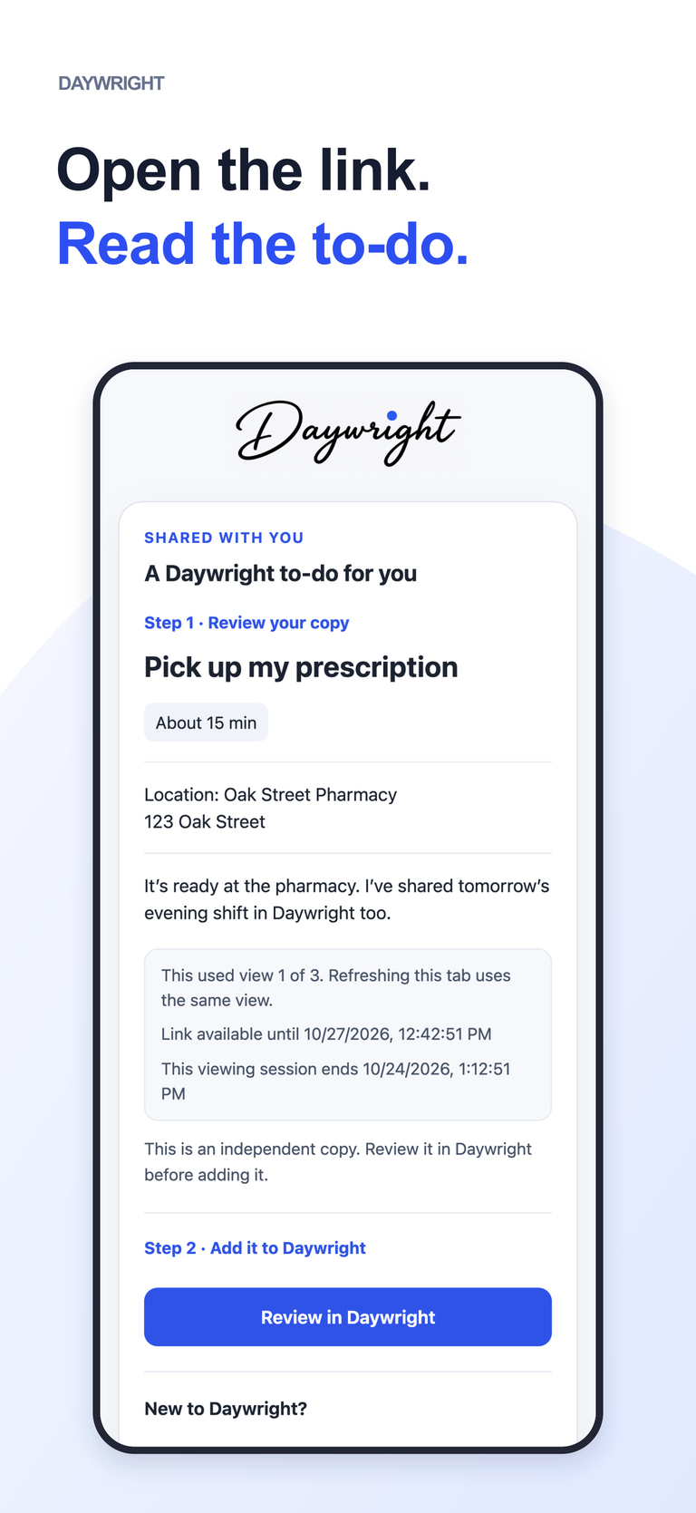 Open the link and read the to-do: a browser receiving view shows a fictional prescription task and review action.