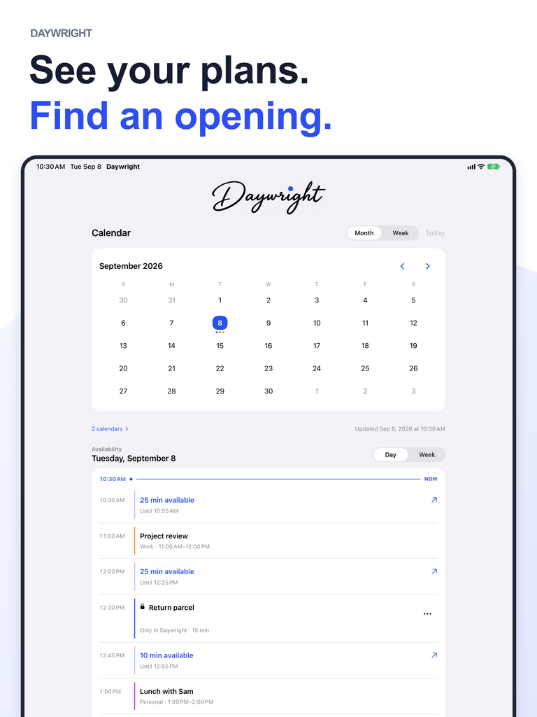 Daywright Calendar on iPad shows the month, calendar events, private placements and available time.